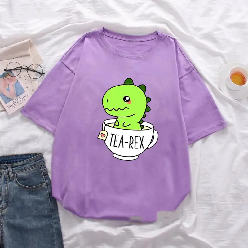 Dinosaur Tea Cup Letter Print Short Sleeve