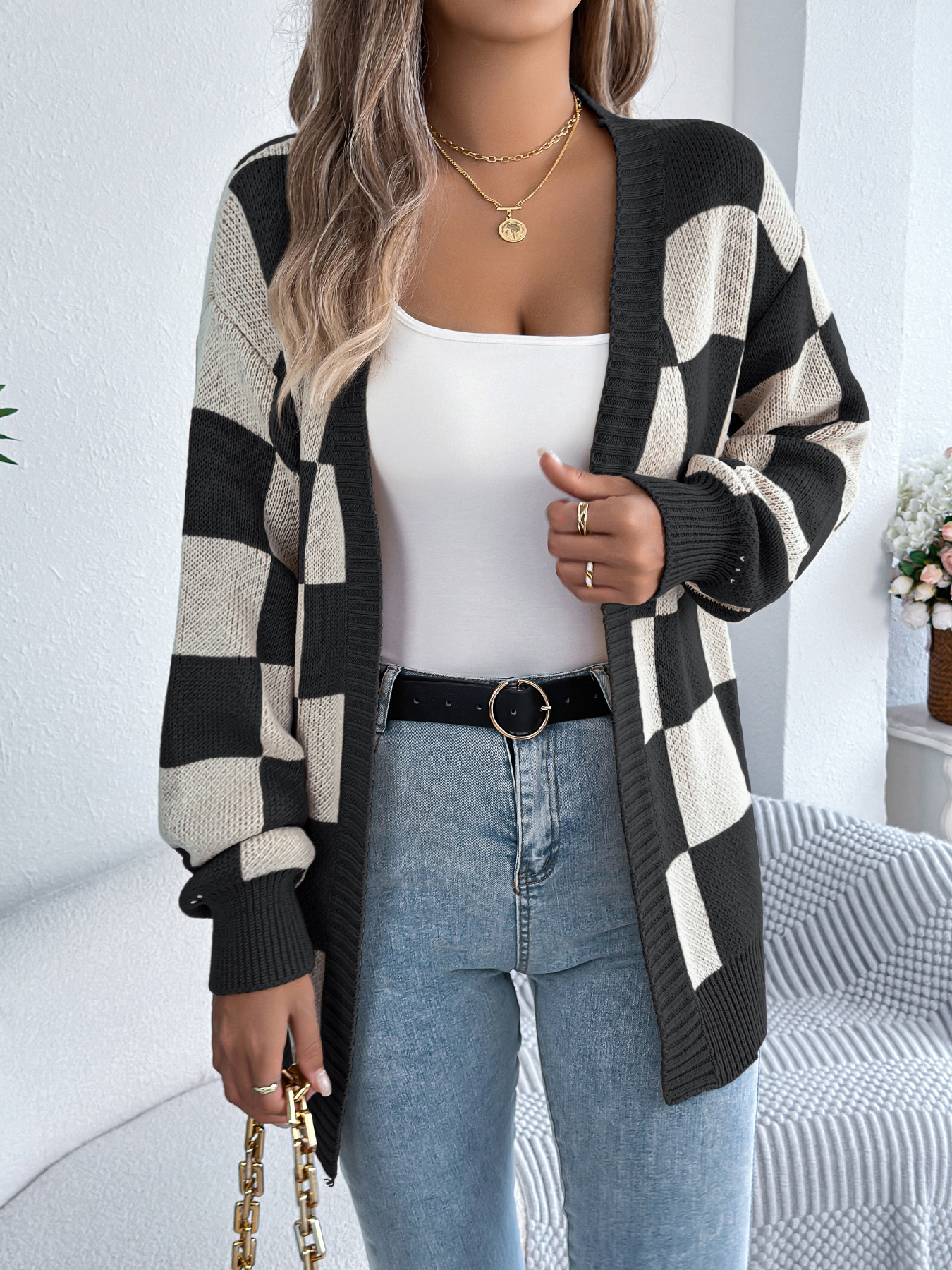 Color Block Plaid Lantern Sleeve Cardigan Sweater Mid-Length Coat - Image 8