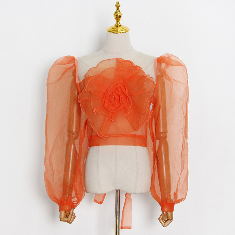 Round Neck Puff Sleeve Three-dimensional Flower Stitching Mesh Shirt