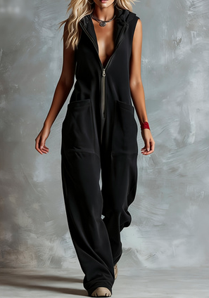 Hooded Sleeveless Zipper Loose Wide-leg Jumpsuit