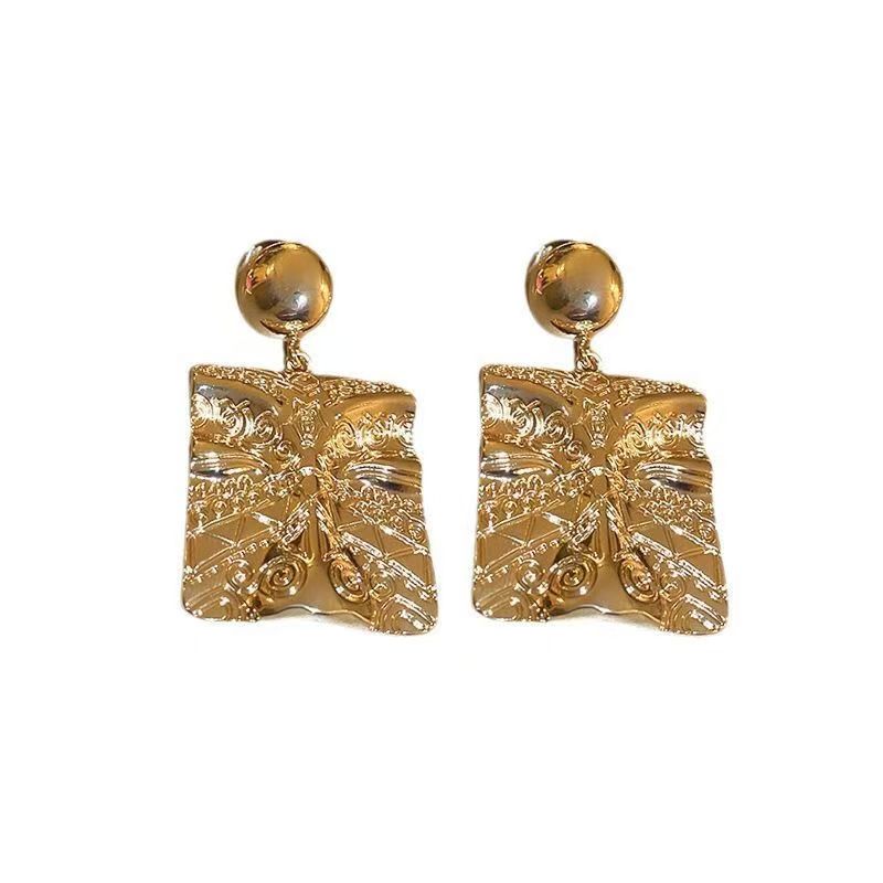 New European French Style Square Earrings, Embossed Pattern Retro Metal Dangles