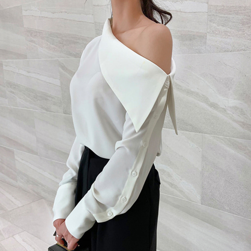 Women's Temperament Slanted Collar Loose Side Buttoned Shirt