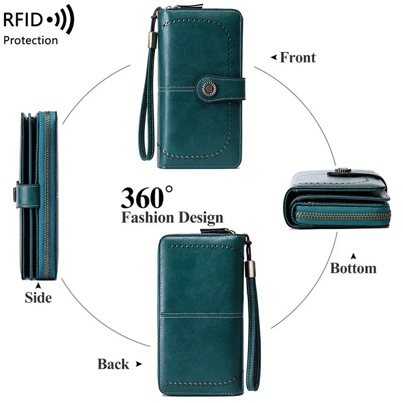 RFID Blocking Women's Long Zipper Wallet, Large Capacity Clutch Purse For Daily & Travel Use, Multi Card Holder Ladies Wallet