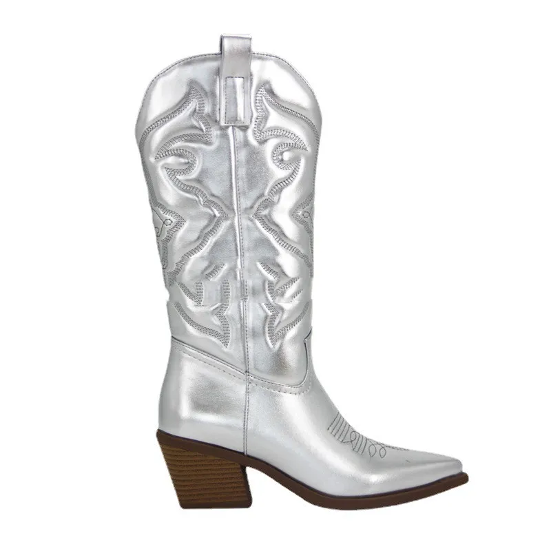 Women's Vintage Big Waist Chunky Heel High Cowboy Boots - Silver