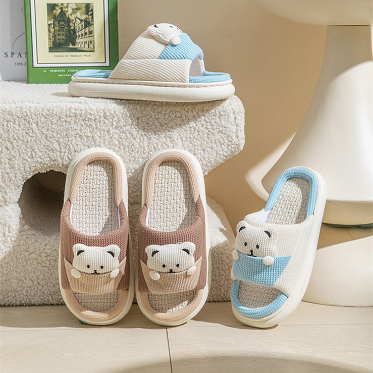 Cute Cartoon Bear Slippers Spring And Autumn Fashion Thick-soled  Mute Linen Slipper Women's House Shoes - Image 5