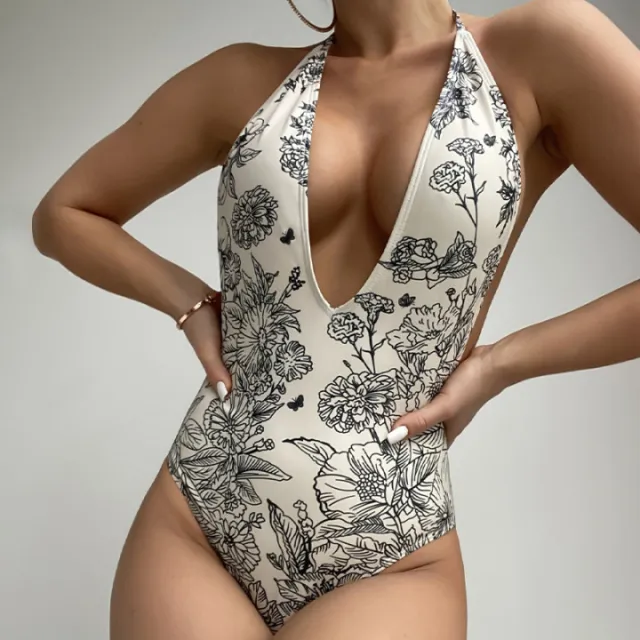 Printed Slim Fit One Piece Swimwear Deep V Neck Triangle Bikini Printed Color S - Shop at LoveMi