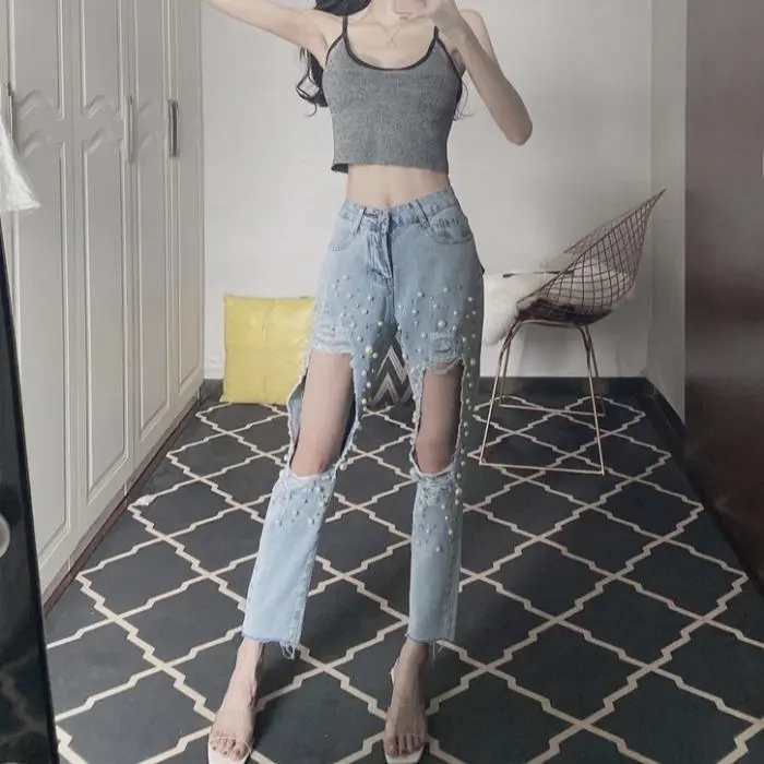 Beaded Ripped Jeans Women's Knee-Less Wide-Leg Pants Nine - Blue