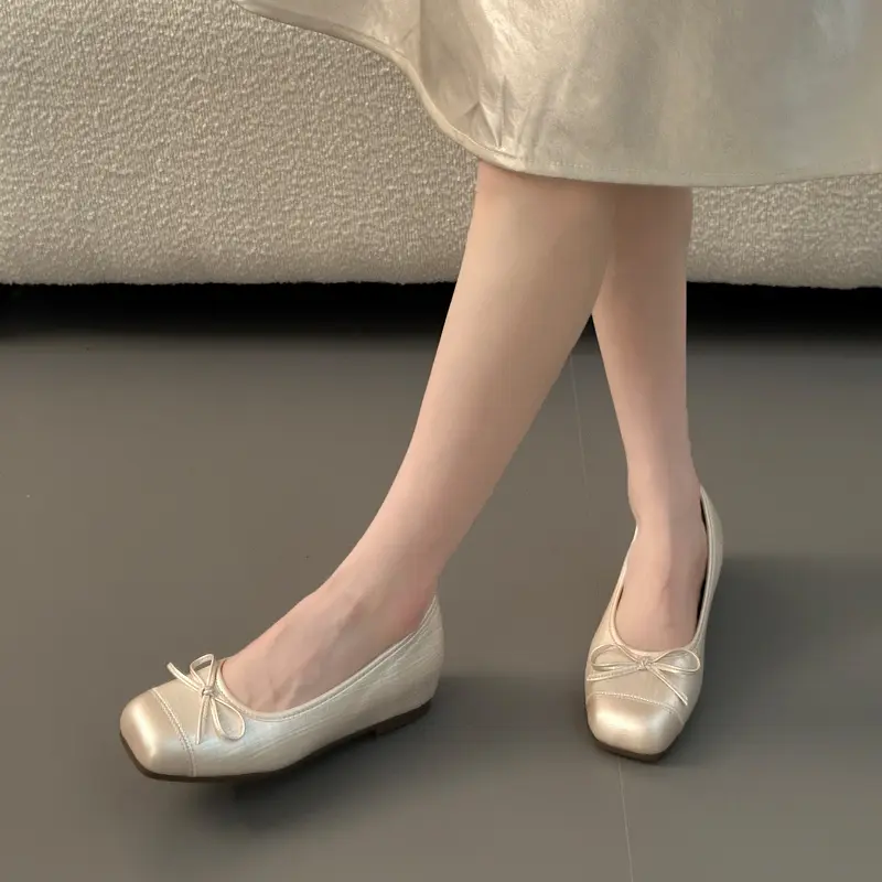 Women's 2026 French Style Mary Jane Shoes, Sweet Bow Built-In Height Increasing Square Toe Low-Cut Ballet Flats