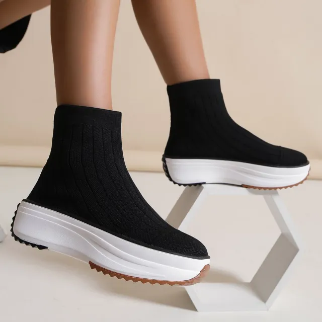 Women's Thick soled Boots Knitted Round Toe Socks Shoes Casual Breathable Solid Color Flying Knit Ankle Boots Black - Shop at LoveMi