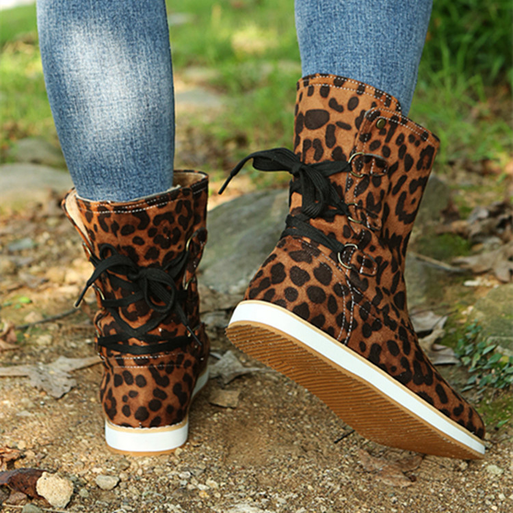 Low Heel Platform Boots Back Lace up Shoes Women Cowgirl Boots Leopard - Shop at LoveMi