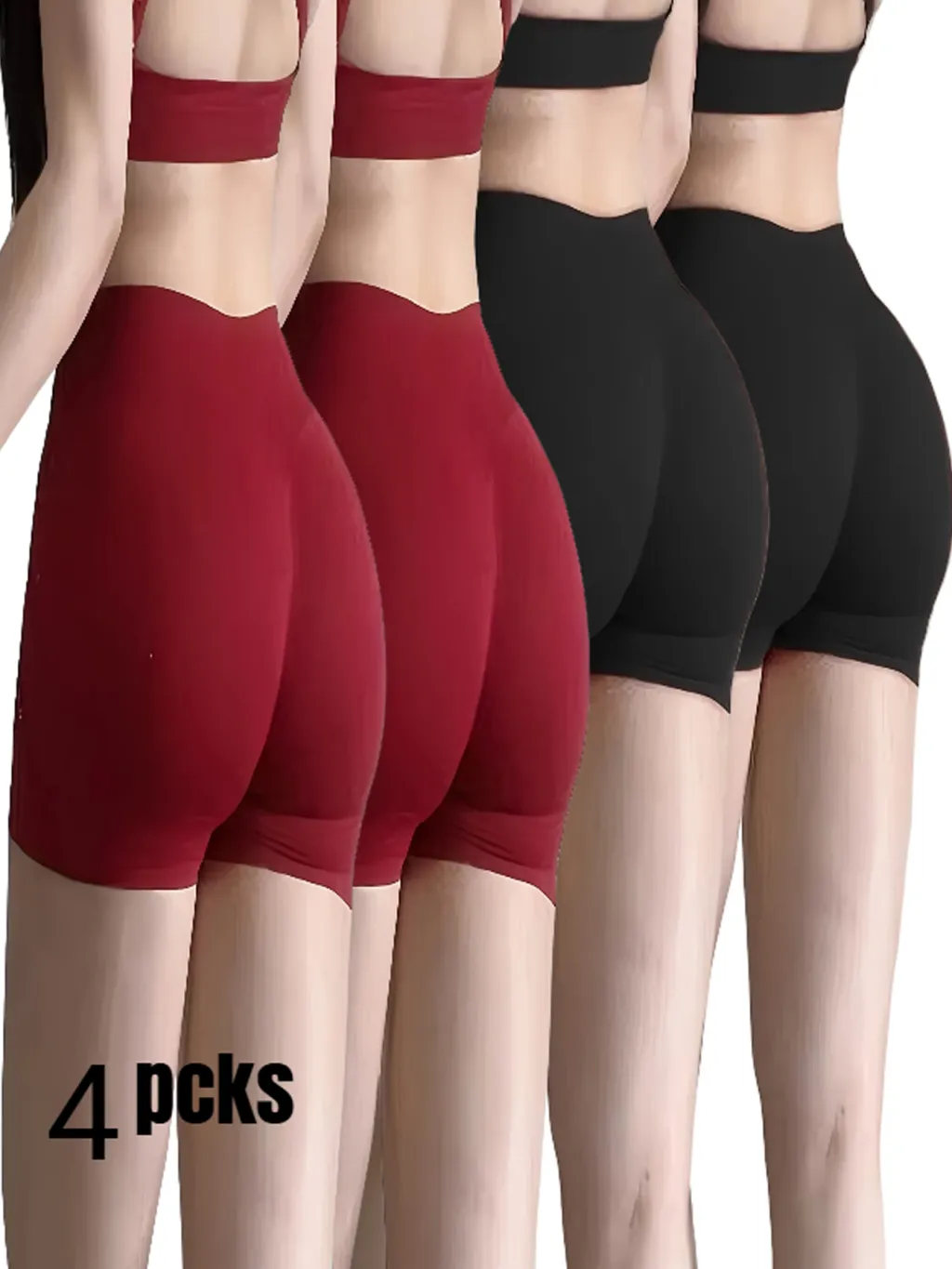 4-Pack Workout Yoga Shorts High-Waiste Booty-Lifting Gym & Running - 2Wine Red 2Black