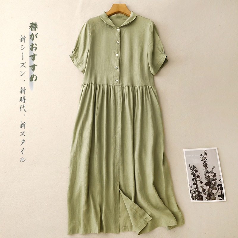 2026 Summer New Linen Cotton Shirt Dress, Lapel Collar, Loose Fit, Art Style, Midi Swing Dress