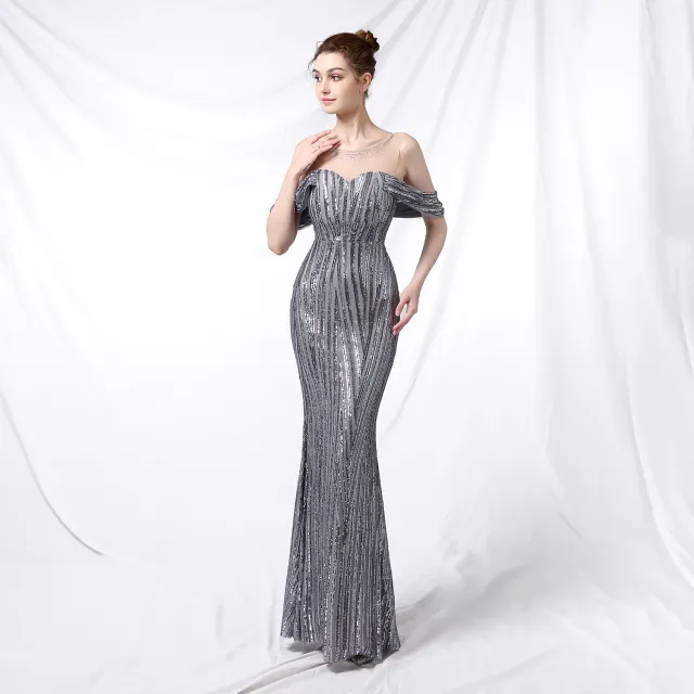 Long Sequined Long Dress With Front And Back Grey - Shop at LoveMi