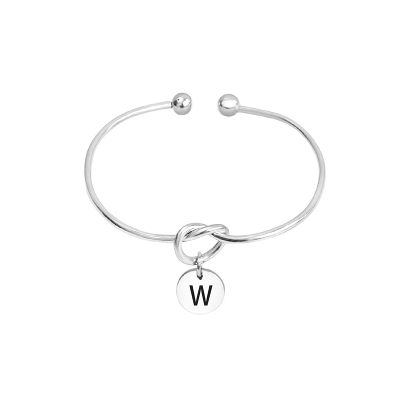 Trendy Round Stainless Steel English Letter Pendant Knot Bracelet Bangle
