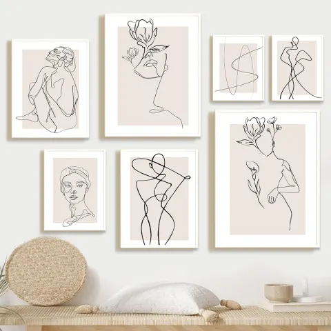 Abstract Female Wall Art Canvas Floral Line Drawing Nordic