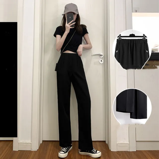 Summer Thin Mopping High Waist Drape Black Wide leg Trousers Trousers Elastic Black - Shop at LoveMi
