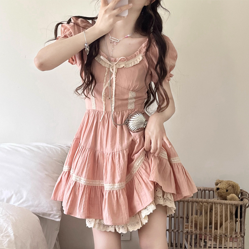 Bow Lace-Up Short-Sleeve Dress