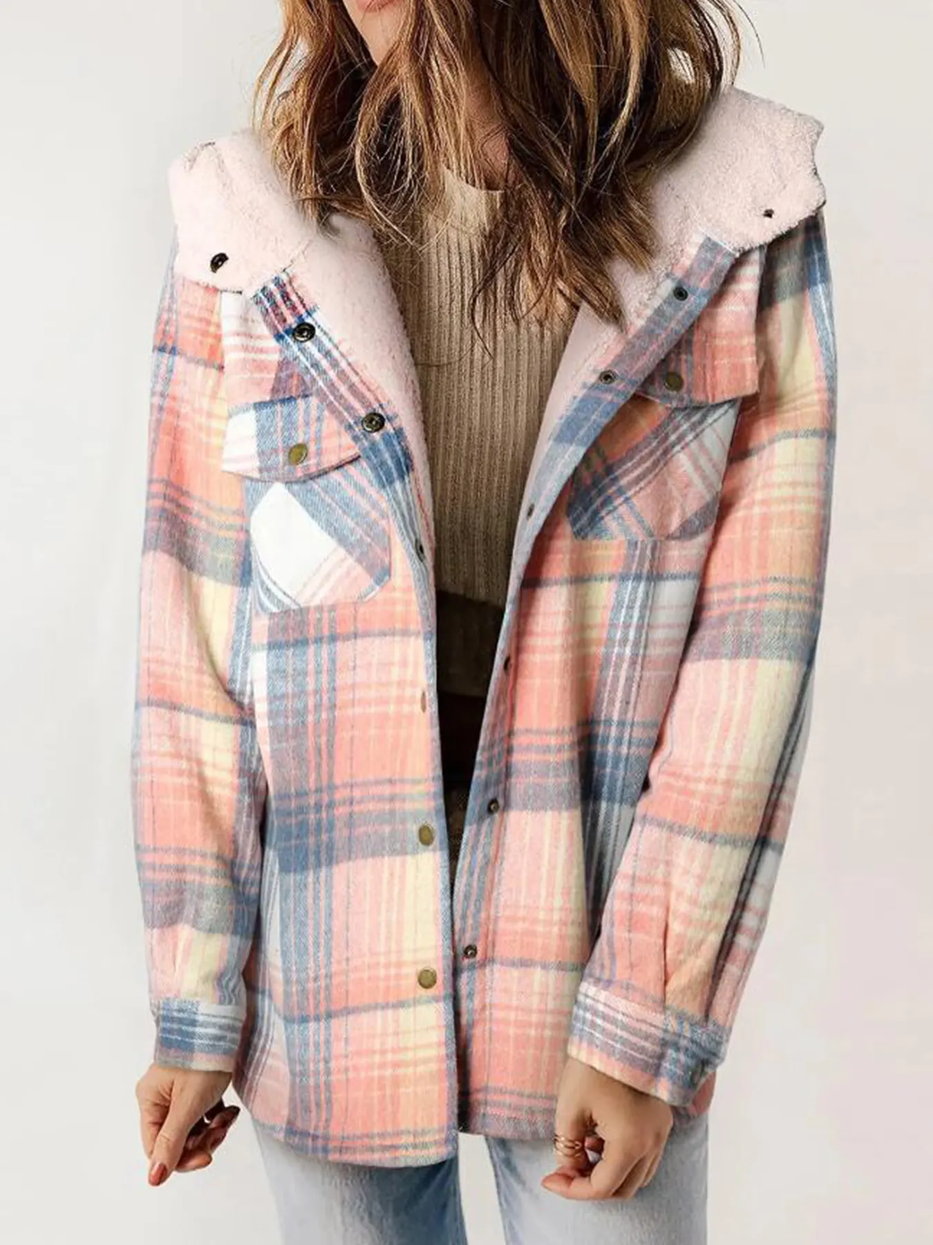 New Women's Fleece-lined Plaid Print Long-sleeved Hooded