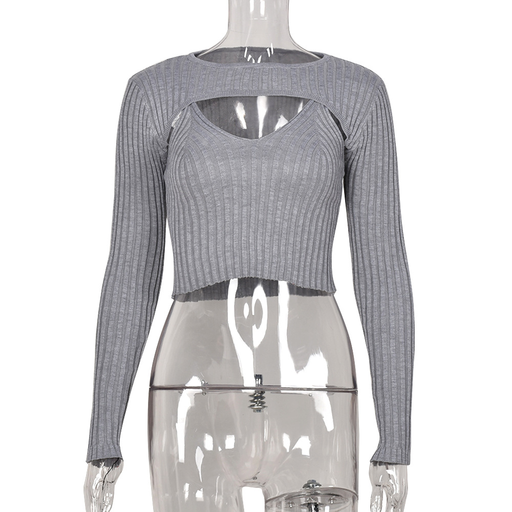 Knitted Sling V-neck Long-sleeved Sexy Two-piece Suit