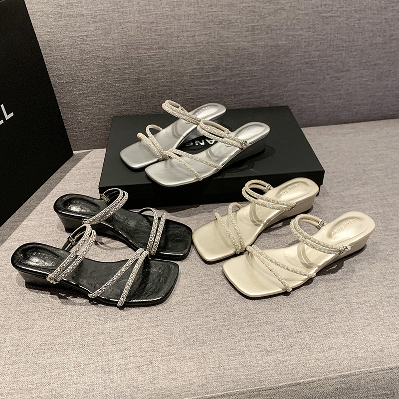2026 Summer French Rhinestone Sandals, Versatile Thin Stiletto Square Open Toe Ankle Strap Heels For Women