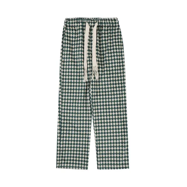 Elastic Waist Wide Leg Diamond Check Casual Pants Green - Shop at LoveMi