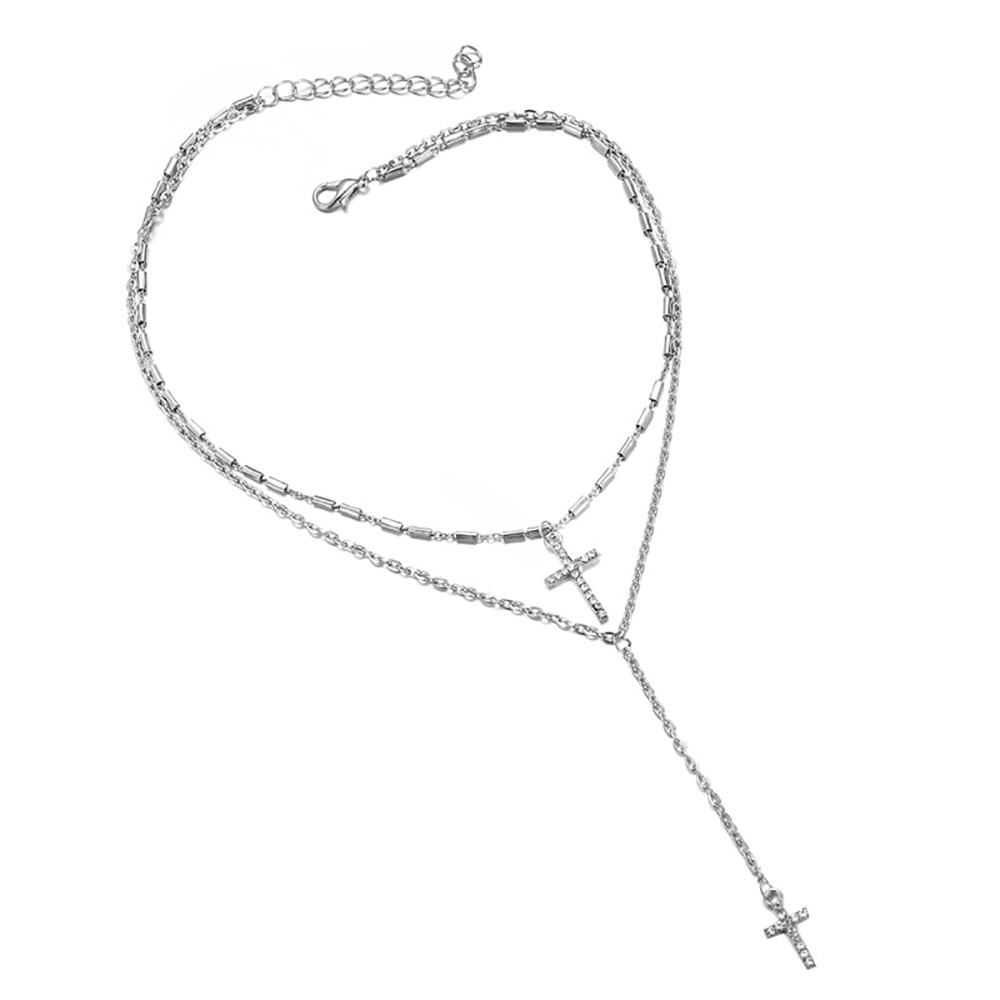 Multilayer Cross Crystal Necklace Sweater Chain