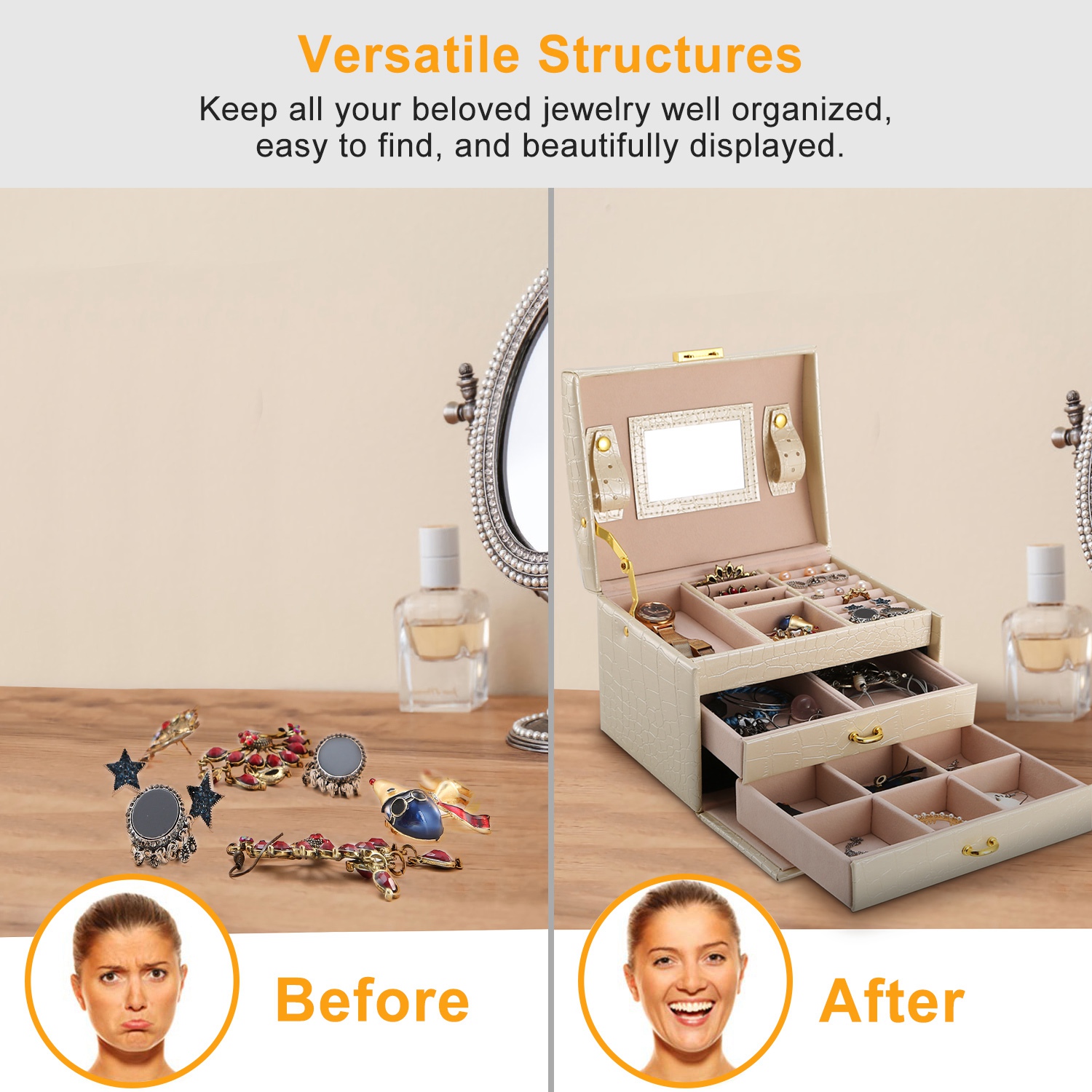 1Pc Jewelry Case Organizer 3-layer Lockable Travel Jewelry Box PU Leather Storage Display Case With Mirror Protective For Bracelets Earrings Rings Necklaces