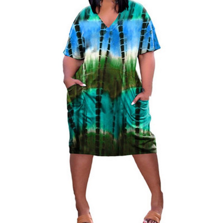 Tie-Dye Print V-Neck Sleek Casual Pocket Dress
