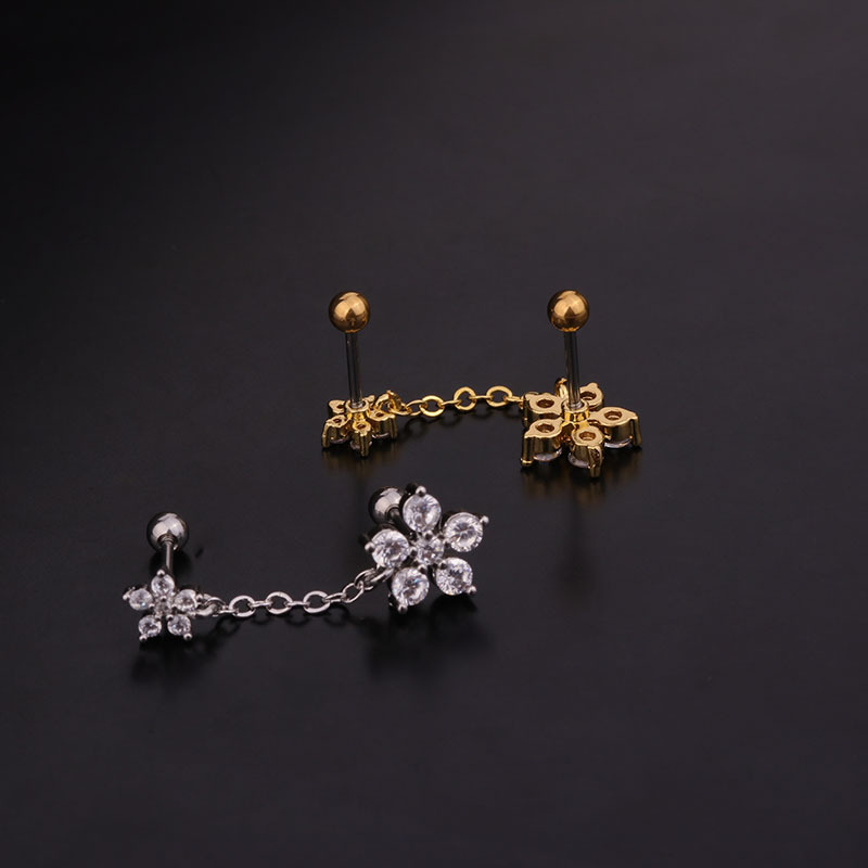 Stainless Steel Threaded Flower Earrings Female Color Drop Zircon