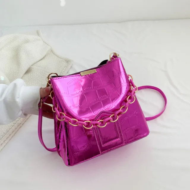 Laser Chain Handbag Large Capacity Crossbody Bucket Bag Rose - Shop at LoveMi