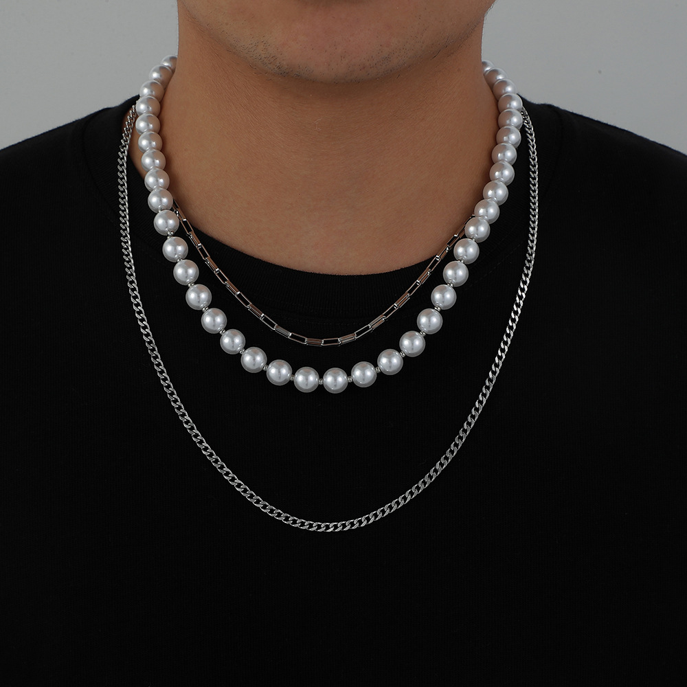 European And American Personality Fashion Multi-layer Stainless Steel Pearl Necklace