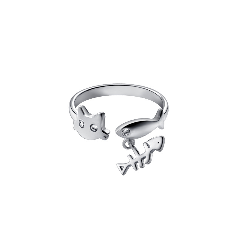 Silver Ring Simple And Creative Kitten Opening Fish Bone Sweet Bracelet