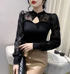 Women's Floral Splicing Stand-up Collar Long Sleeve Leggings - Black - View 1