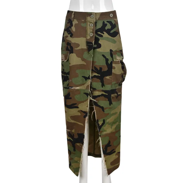 Women's Fashion Camouflage Slit Long Skirt Army Green - Shop at LoveMi