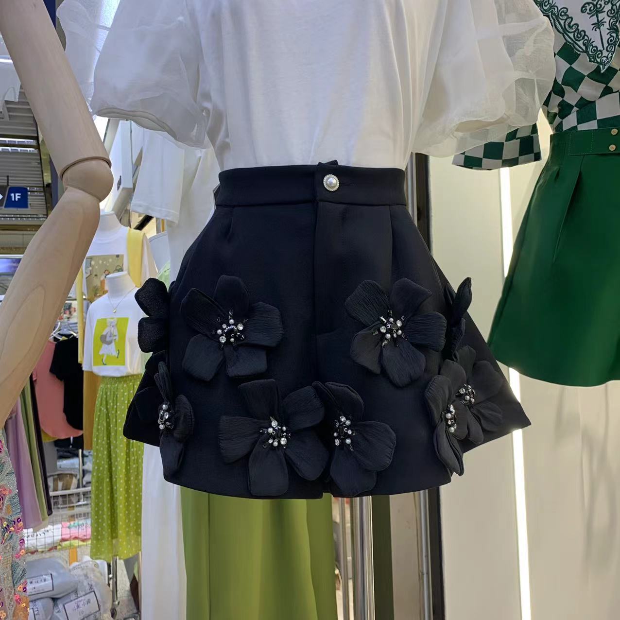 Studded Beaded High-waisted Wide-leg Shorts