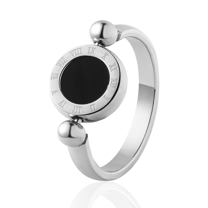 Titanium Steel Roman Numeral Ring Rotating One Side Black Side White Shell Woman Ring