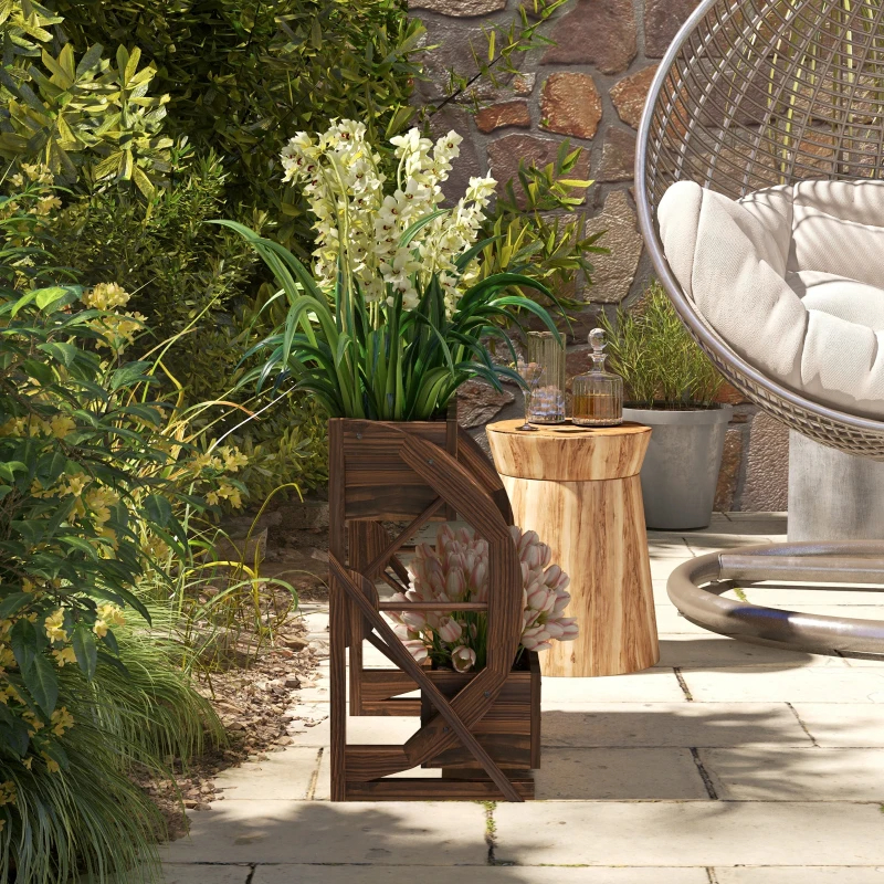 Outsunny Wooden Wagon Planter Box, 2-Tier Raised Garden Bed, For Vegetables Flowers Herbs,