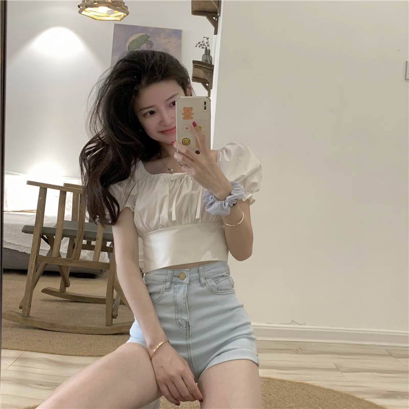 Title 7, Puff Sleeve Retro High Waist Slim Short Sleeve