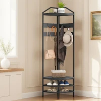 Corner Hall Tree, Industrial 4-Tier Coat Rack With Shoe Storage, 8 Movable Hooks And 2 Shelves For Hallway, Black 6