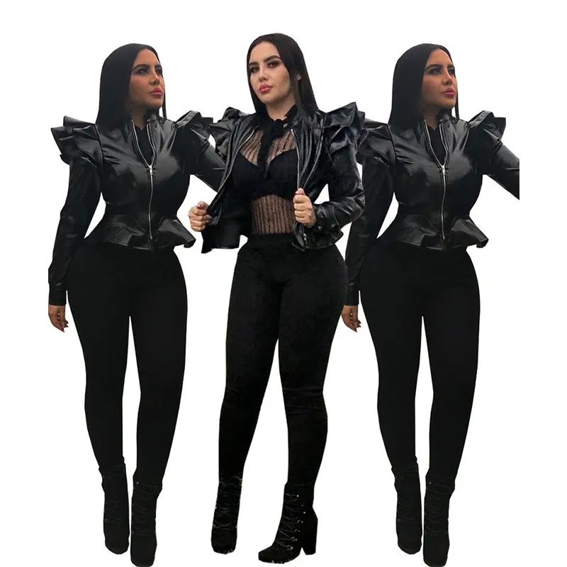 Leather Casual Women's Ruffled Jacket