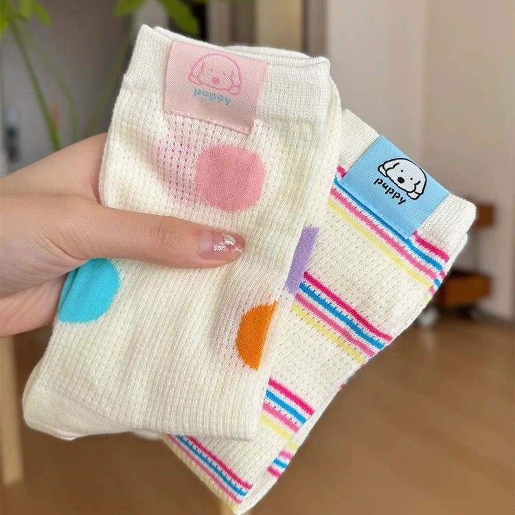 Cute Puppy Tag Mesh Crew Socks, Colorful Polka Dot & Striped Breathable Socks, Women's Kawaii Casual Socks For Summer