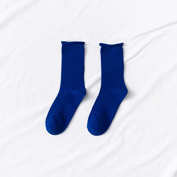 Women's Mid tube Socks Thin Candy Color Rolled Edge Cotton Dark Blue - Shop at LoveMi