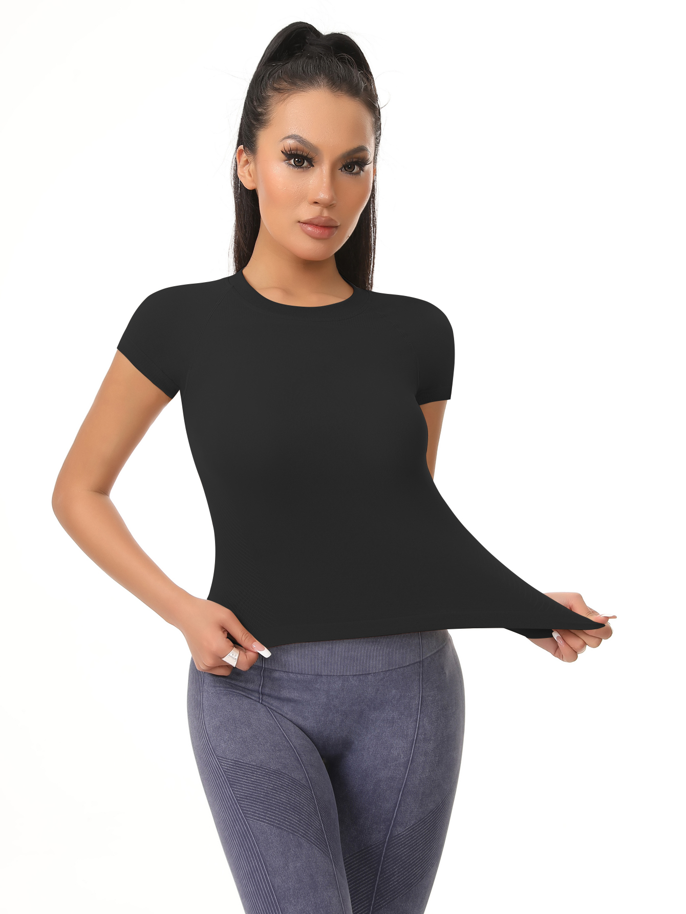 T-shirts d'entraînement sans coutures à manches courtes pour femmes, t-shirts de sport courts à manches raglan et col ras du cou, t-shirts de yoga Gym à séchage rapide