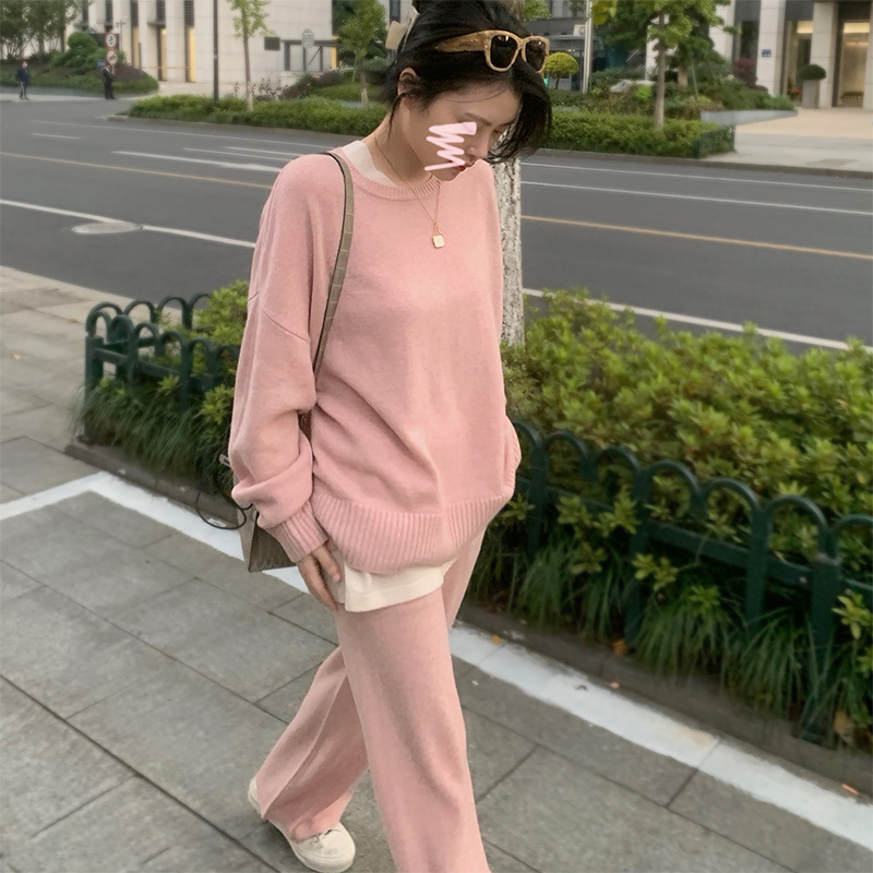 Ladies Casual Solid Color Korean Loose Long Sleeved Sweater And Pants Two Piece Suit
