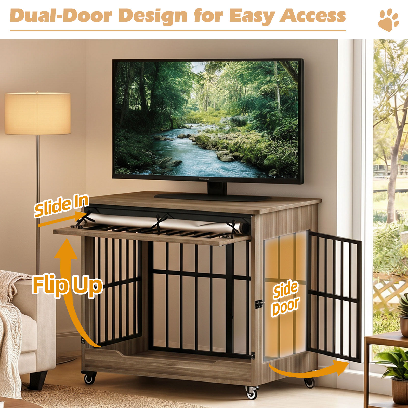 42in Large Dog Crate Furniture, Double Door Wooden Indoor Dog Kennel Furniture, Decorative Pet Cage End Table With Wheels For Large Breed Dogs, Size XL, Greige — image 1