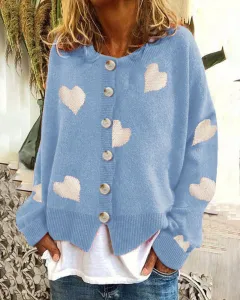 Women's Heart Sweater Single Breasted Cardigan Knitwear Coat Outwear Clothes - Sky Blue - View 1