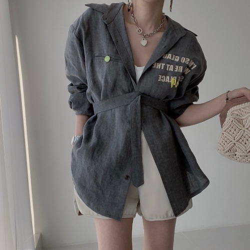Women's Thin Long-sleeved Shirt With Waist And Tie Back Slit