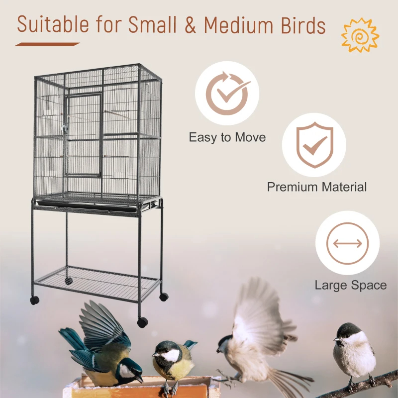 Rolling Metal Bird Cage Feeder With Detachable Rolling Stand, Storage Shelf, Wood Perch & Food Container
