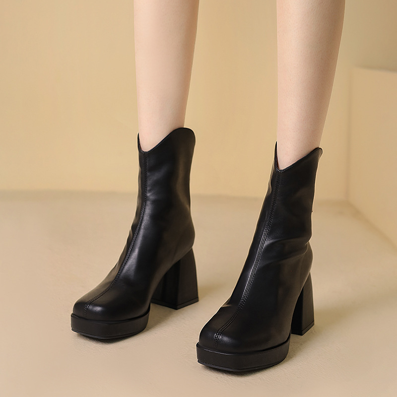 Title 5, High Heel Back Zip Ankle Boots Chunky Heel Squa...