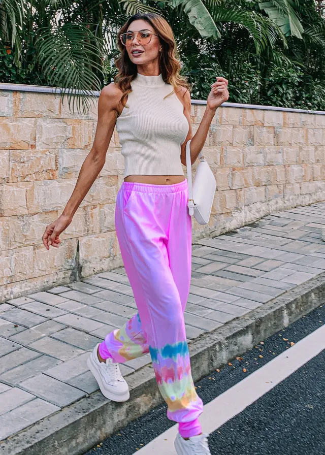 Locate Print Elastic Waist Casual Versatile Harem Pants Pink - Shop at LoveMi